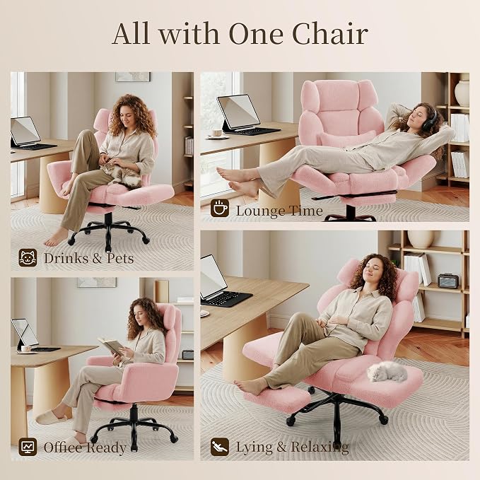 Office Chair with Flip Armrests,Big and Tall Office Chair with Foot Rest,Extra Wide Seat & Lumbar Pillow,Comfy Criss Cross Chair for Pets Sitting,Ergonomic Computer Gaming Chair,Teddy Fleece,Pink
