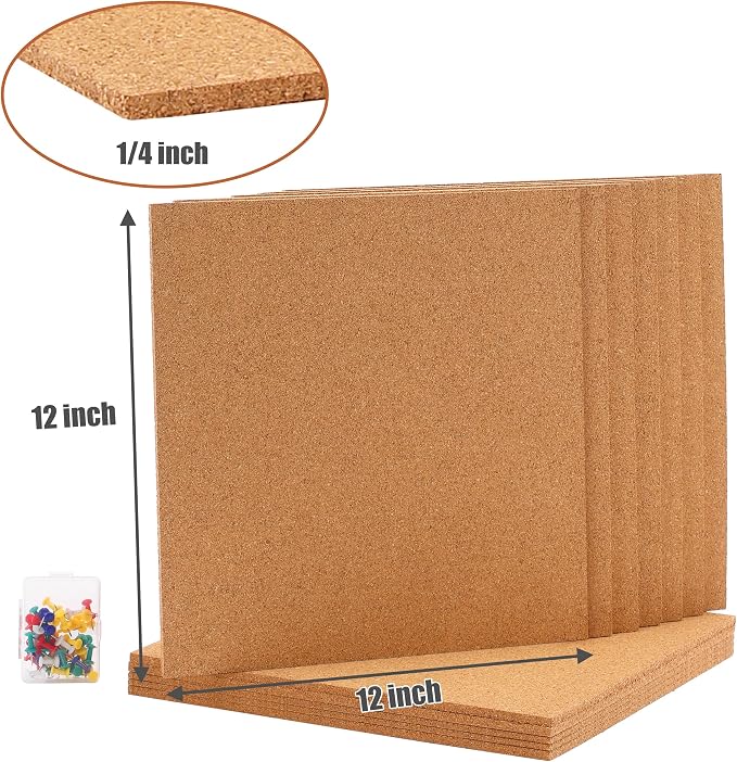 SUNGIFT Cork Board 12"x12" -12 Pack Square Decorative Cork Tiles 1/4" Thick | Bulletin Boards with 100 PCS Push Pins, Double-sided Adhesive Corkboards Tiles For Wall Office