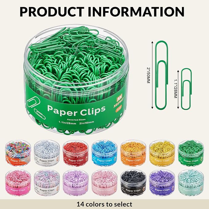 NEEWAY 450pcs Paper Clips Assorted Sizes, Small and Large Paper Clips (1.1 inch, 2 inch), Coated Paperclips for Office School Document Organizing (Green)