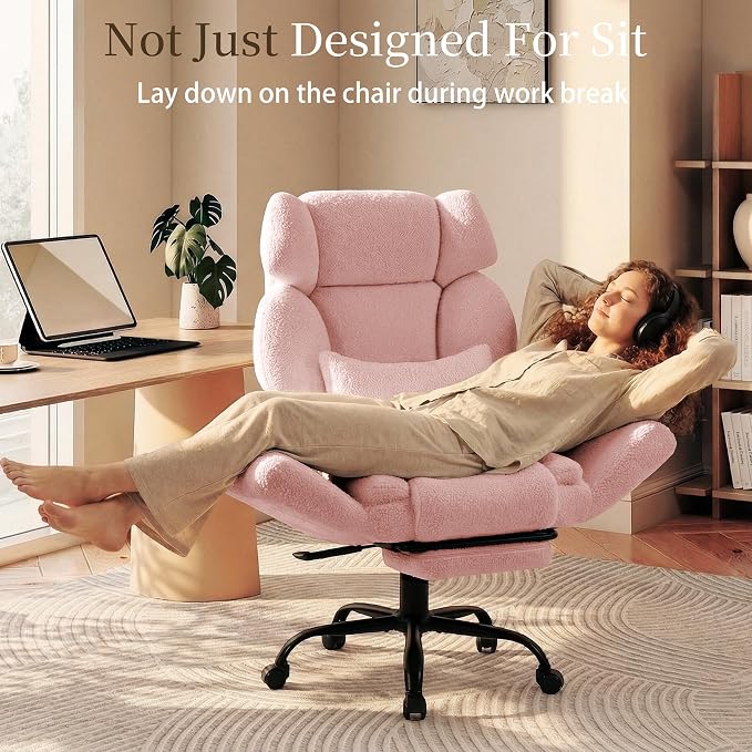 Office Chair with Flip Armrests,Big and Tall Office Chair with Foot Rest,Extra Wide Seat & Lumbar Pillow,Comfy Criss Cross Chair for Pets Sitting,Ergonomic Computer Gaming Chair,Teddy Fleece,Pink