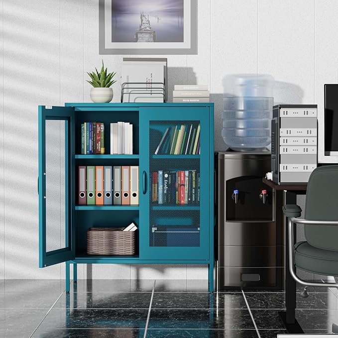 Washsemba Metal Storage Cabinet with Mesh Doors,Steel Display Cabinet with Adjustable Shelves,Metal Office Storage Locker for Home Office,Garage(Blue, 40''H)