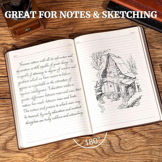 CAGIE Lined Journal Notebook for Women Men, 300 Pages Soft Cover Notebook Leather Journals for Writing, 180 Lay Flat Vintage Mens Journal Personal Diary 8.5"×11", Dark Brown