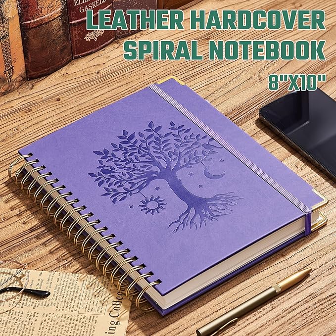 Hardcover Spiral Notebook 8" x 10" with 5 Removable Dividers 300 Pages Leather 5 Subject Notebook College Ruled 100GSM Large Spiral Notebooks for Work Thick Lined Journal for Women, Purple