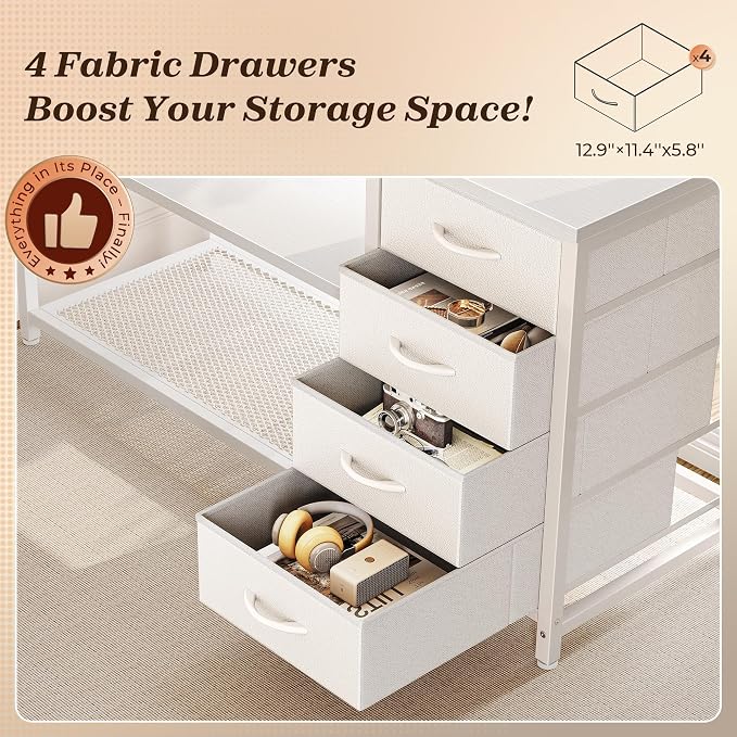 61" L Shaped Desk with Power Outlets & 4 Drawers | Reversible Computer Desk with 2 Storage Shelves, Large Corner Office Desk for Gaming Writing Work Study, White