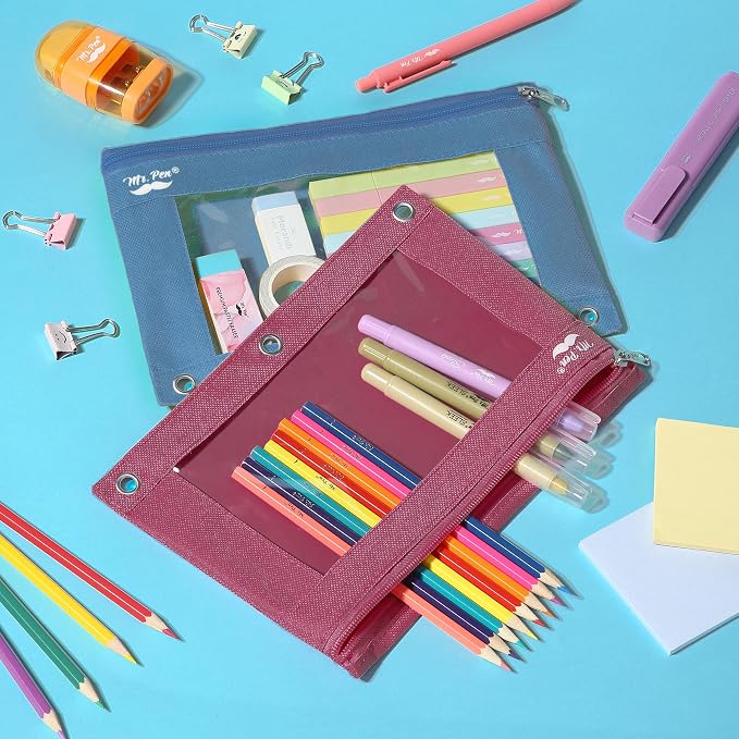 Mr. Pen- Pencil Pouch for 3 Ring Binder, 2 Pack, 10"x6.75", Smooth Zipper | Clear Window, Large Capacity Pencil Case with 3 Reinforced Grommets for School, Office, Supplies Storage | Clear Window, Large Capacity Pencil Case with 3 Reinforced Grommets f...