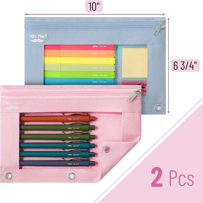 Mr. Pen- Pencil Pouch for 3 Ring Binder, 2 Pack, 10"x6.75", Smooth Zipper | Clear Window, Large Capacity Pencil Case with 3 Reinforced Grommets for School, Office, Supplies Storage