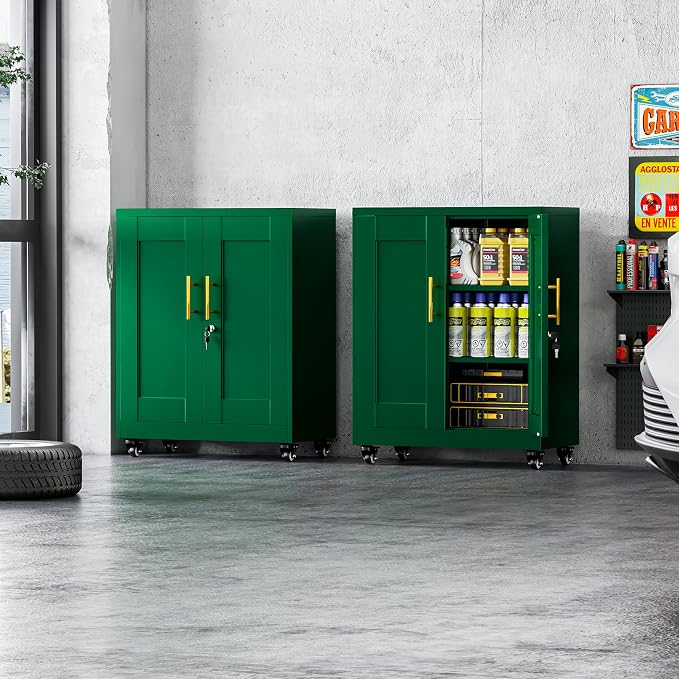 GAIOUS Metal Storage Cabinet with Lock and Wheels, Steel Tool Cabinet | with 2 Door and 2 Adjustable Shelves, 35” Tall Lockable File Cabinet, Garage Cabinet, Rolling Cabinet for Home Office - Green