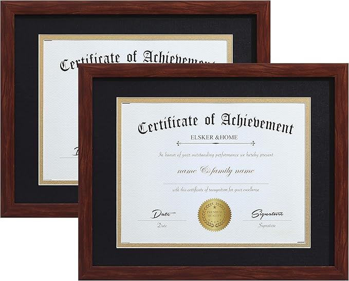 ELSKER&HOME 8.5x11 Certificate Frame - Classic Coffee Color Frame - Displays Diploma 8.5x11 Inch with Mat - 11x14 Inch Without Mat - For Document/Photo (2 Pack, Matte Black with Gold Rim)
