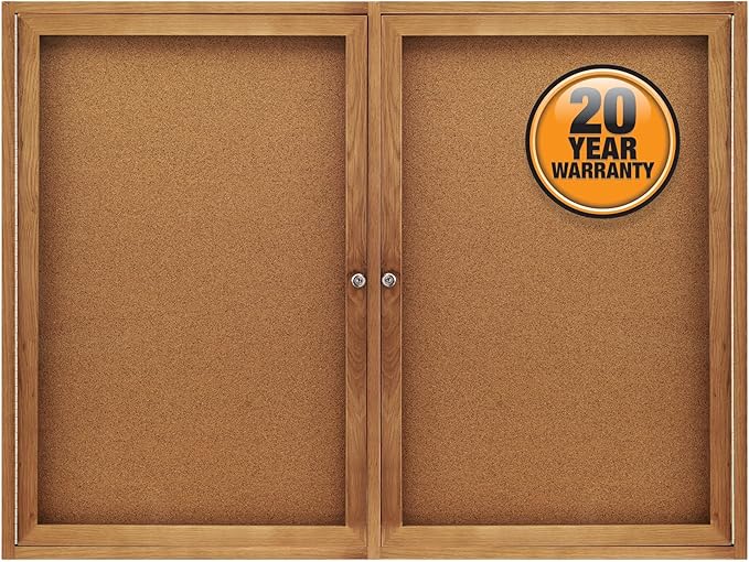Quartet Bulletin Board, 4' x 3' Enclosed Cork Notice Board, Lockable Swing Doors, Oak Finish (364)