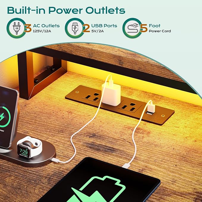 EnHomee 56.5" Office Desk with Drawers & Printer Space for Home Work,Brown | Computer Desk with 3 AC Outlets& 2 USB Ports,Waterproof LED Strip Lights,Monitor Stand & Side Pockets,Home Office,Bedroom