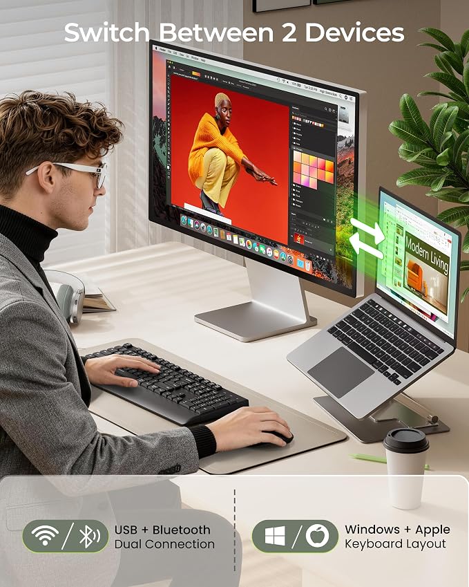 seenda COE200 Wireless Bluetooth Keyboard and Mouse Combo with Wrist Rest | USB/Bluetooth multi-device switching, quiet clicks, full-size ergonomic set for PC, laptop, Mac, and MacBook, Black