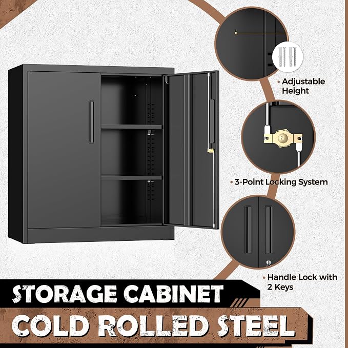 Steel Storage Cabinet with Lock, Lockable Metal Storage Cabinets with 2 Adjustable Shelves, Black Counter Height Garage Cabinet