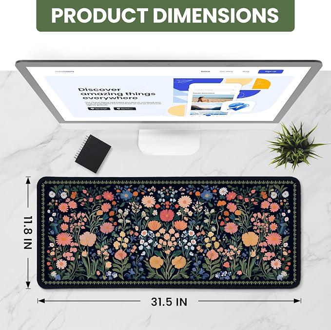 Aesthetic Desk Mat, Cute Whimsy Garden Desk Pad Protector for Work & Decor, 31.5" x 11.8", Pretty Non-Slip Extended Mouse Pad for Office or Home