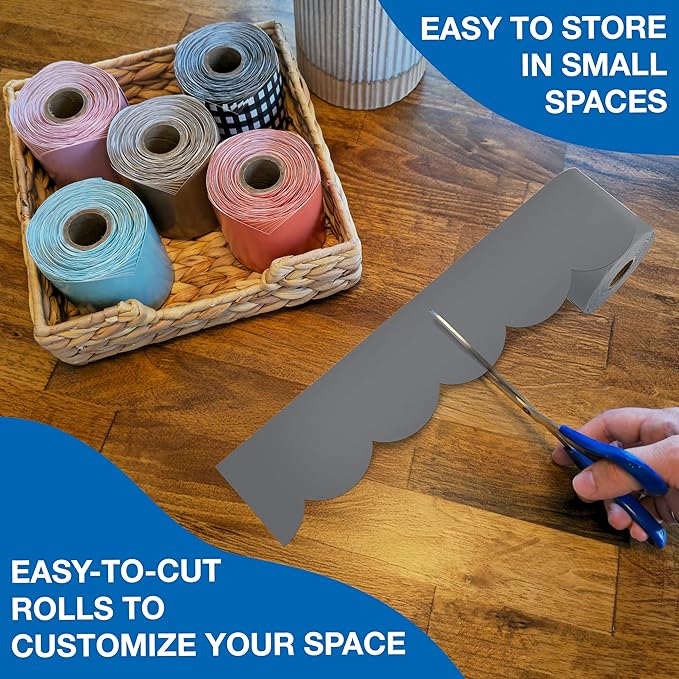 Carson Dellosa Education 65Ft of Gray Bulletin Board Borders, 1 Roll of Grey Scalloped Trim for Rolling Whiteboard, Cork and Posterboard, Party, Office Decorations, and Classroom Decor