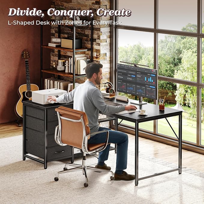 43.3" Small L Shaped Desk with Power Outlets & 4 Drawers | Reversible Computer Desk with 2 Storage Shelves, Corner Office Desk for Gaming Writing Work Study, Black