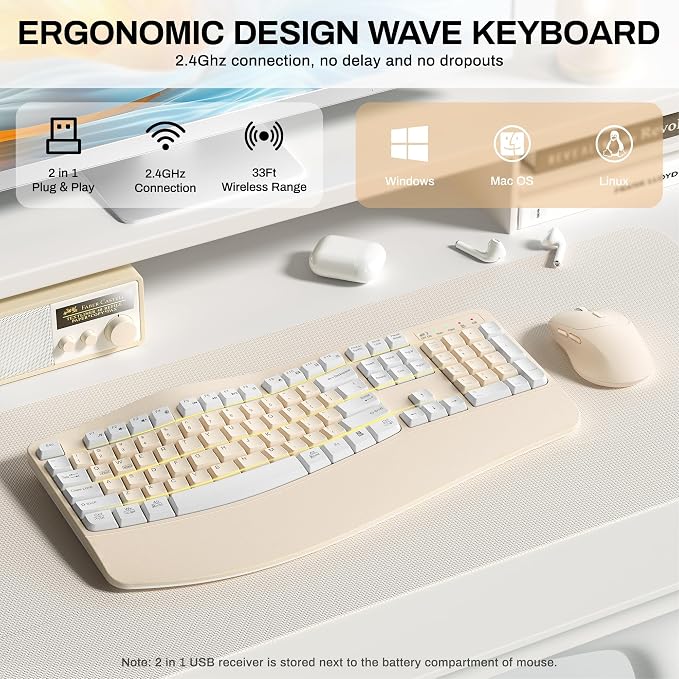 Wireless Keyboard and Mouse Combo,2.4G Ergonomic Wave Keys(Latte Color-A) | Full Size Cordless Keyboard with Wrist Rest,3-Level DPI Ergonomic Mouse for Office and Home,Windows/Mac OS/Desktop/Laptop/PC