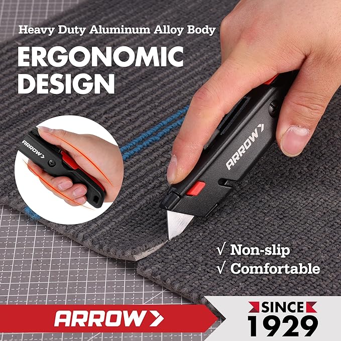 ARROW Retractable Box Cutter, Quick Change Utility Knife with Blade Storage Design, Heavy Duty Aluminum Razor Knife, Twine Cutter, 3 Extra SK2 Blades Included