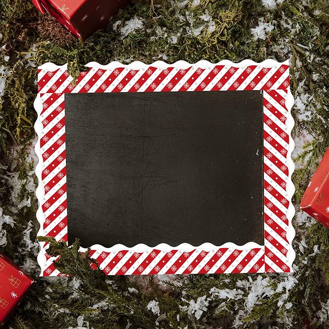 BeYumi Christmas Stripe Border Trim - 65ft Winter Christmas Candy Cane Stripes Snowflake Rolled Border Trim Xmas Red and White Bulletin Board Borders School Classroom Office Chalkboard Party Decor
