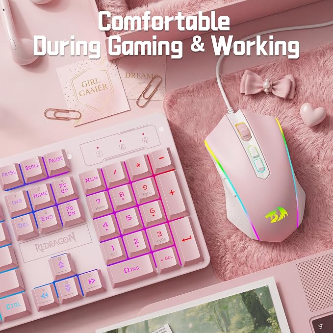 Redragon Updated S107WP Gaming Keyboard and Mouse, RGB Gaming Keyboard and 10000 DPI Mouse Combo with 25-Key Anti-Ghosting, 1K Hz Programmable Mice with Software, Plug & Play to PC, Laptop - Pink