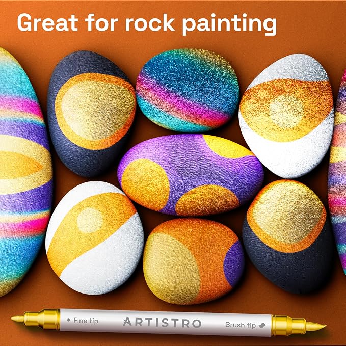 ARTISTRO 24 Gold Dual-Tip Acrylic Paint Marker Pens for Drawing | For Fabric, Rock, Glass, Wood, & Molds, Arts & Crafts Gift for Adults, Teens, & Kids, Classroom Must Haves & School Supplies