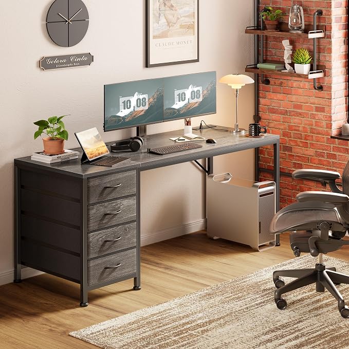 55.1 Inch Computer Office Desk with Power Outelts and USB-C Port, Reversible Gaming Desk with 4 Fabric Drawers, Work Study Desk Work from Home, Grey