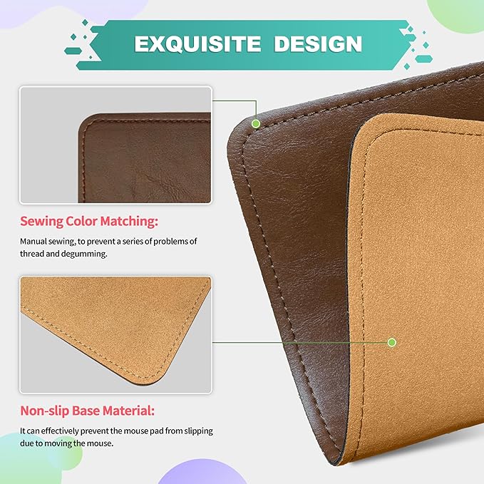 PU Leather Mouse Pad with Stitched Edge, Micro-Fiber Base, Non-Slip Waterproof, 8x11Inch (Dark Caramel Brown)
