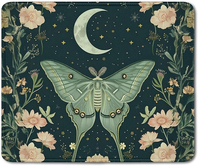 Moody Gothic Moth Mouse Pad, Dark Contemporary Botanical Flower Mousepad for Desk Home Office Dorm Computers Laptop, Witchy Aesthetic Office Supplies Desk Accessories, 9.5x7.9 Inch