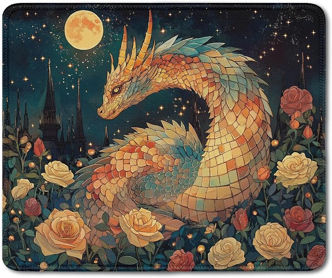 Mystical Dark Academia Dragon Mouse Pad, Art Nouveau Floral Moonlight Dragons Mouse Pads Mousepad for Home Office Dorm Computers Laptop Supplies Desk Accessories, 9.5x7.9 Inch