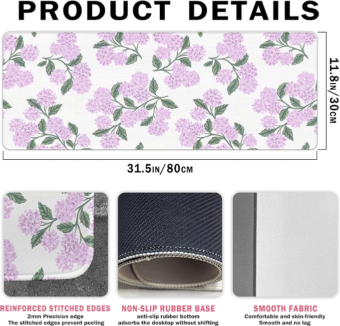 Hydrangea Mouse Pad, Pink Flroal Desk Mat 31.5x11.8 | Flroal Office Decor, Pink DeskAccessories, Aesthetic Mouse Pad for Desk, Long Desk Matt, Hydrangeas Gifts for Women