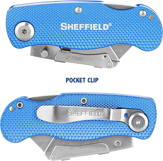 Sheffield Folding Utility Knife, Accepts Standard Utility Knife Blades, Box Cutter Aluminum Handle, Razor Blades Included, For Home, Office, Trades, and Warehouse