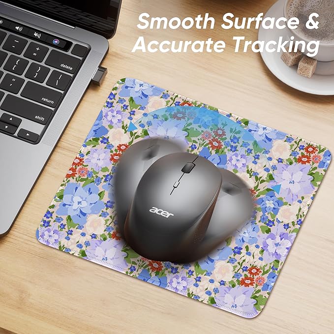 Premium Stitched Mouse Pad 10.2 x 8.3 in | Smooth, Washable Desk Mat with Non-Slip Base | Personalized Cute MousePads for Gaming,Work,Laptop, Computer, Office, Home (Violet-Blue Blossom Patch)