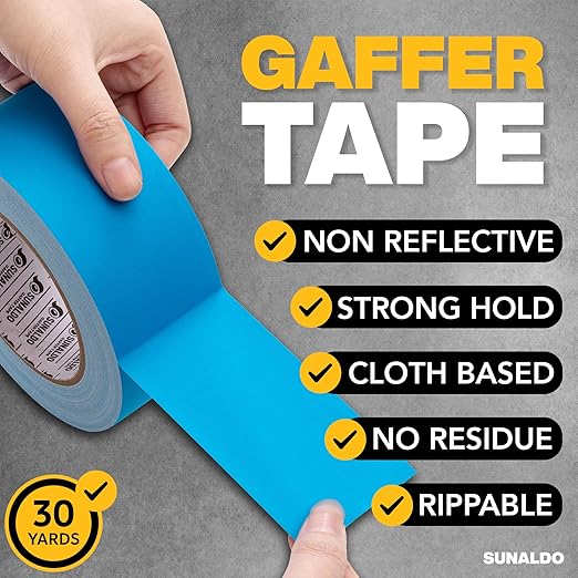 Gaffers Tape Heavy Duty, Easy to Rip, Residue-Free Professional Grade Floor Tape for Electrical Cords, Matte Finish Non Reflective, Weather Resistant (1, Light Blue, 2" x 30 Yards)