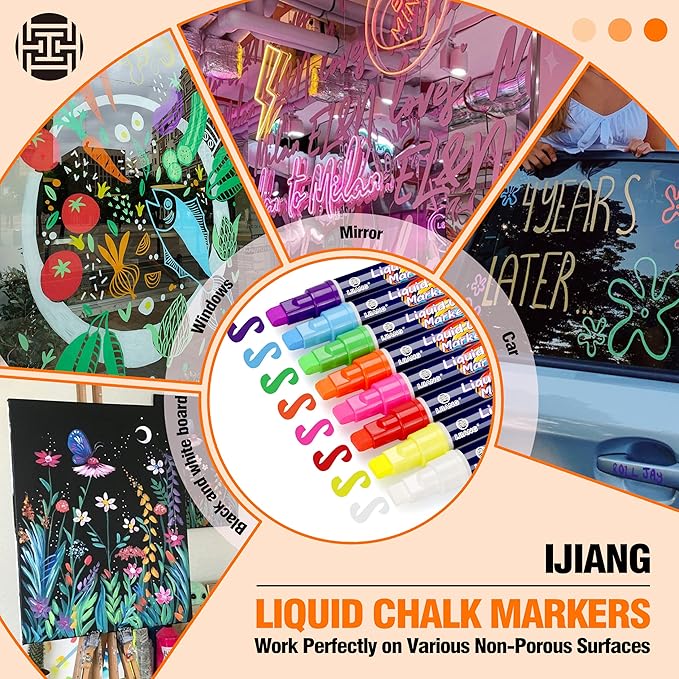 IJIANG Chalk Markers Neon 8 Colors, Jumbo Liquid Chalk Markers with 10mm 3-in-1 Tips Perfect for Blackboard Whiteboard Chalkboard and Window Cars Glass Mirror, Dry & Wet Erase Pens