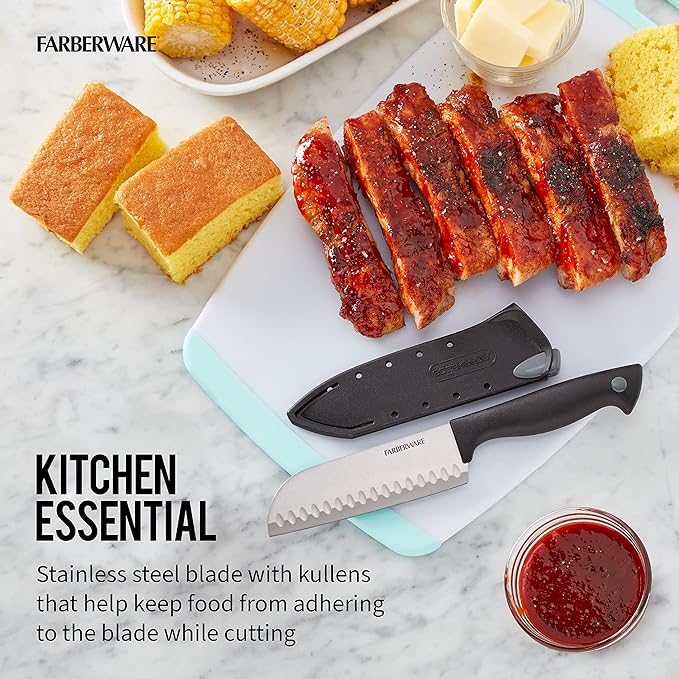 Farberware Edgekeeper 5-Inch Santoku Knife with Self-Sharpening Blade Cover, High Carbon-Stainless Steel Kitchen Knife with Ergonomic Handle, Razor-Sharp Knife, Black