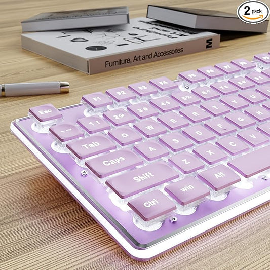 EWEADN GX710S Backlit Computer Keyboards, Wired USB Keyboard with White Backlit, Metal Panel, Plug and Play, Pudding Keycaps Full Size Quite Computer Keyboard for Win/PC/Laptop-Purple