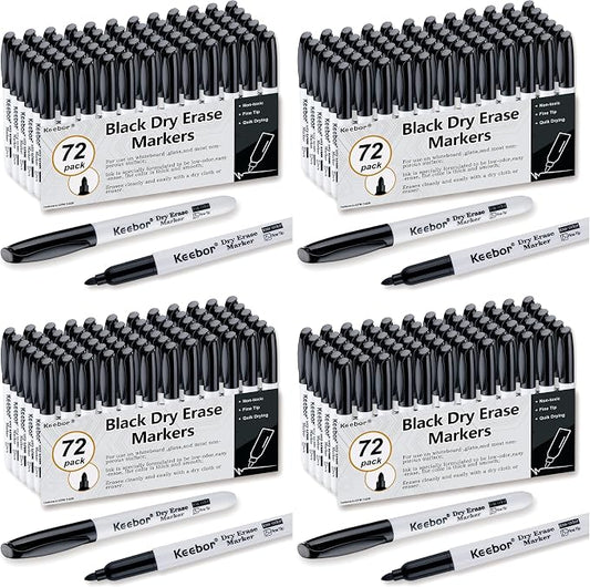 Keebor Fine Tip Dry Erase Markers - Bold Black, Long-Lasting ink, Low-Odor - 288 Pack Whiteboard Markers Bulk for Home, Office, Back to School Supplies