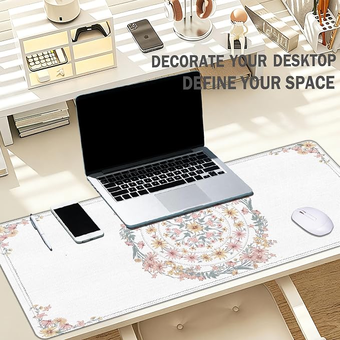 Boho Mouse Pad Mandala Desk Mat, Spring Summer Mouse Pad for Desk Large, Boho Desktop Mats Aesthetic French Countryside Computers Pads for Desk Office Dorm Women 31.5x11.8