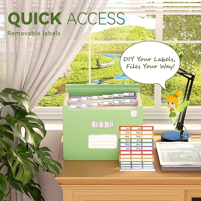 Accordion File Organizer, 12-Pocket Wheat Straw Expanding File Folder, Portable Monthly Bill & Tax Receipt Organizer, Letter/A4 Size Document Holder with Colorful Tabs-Grass Green