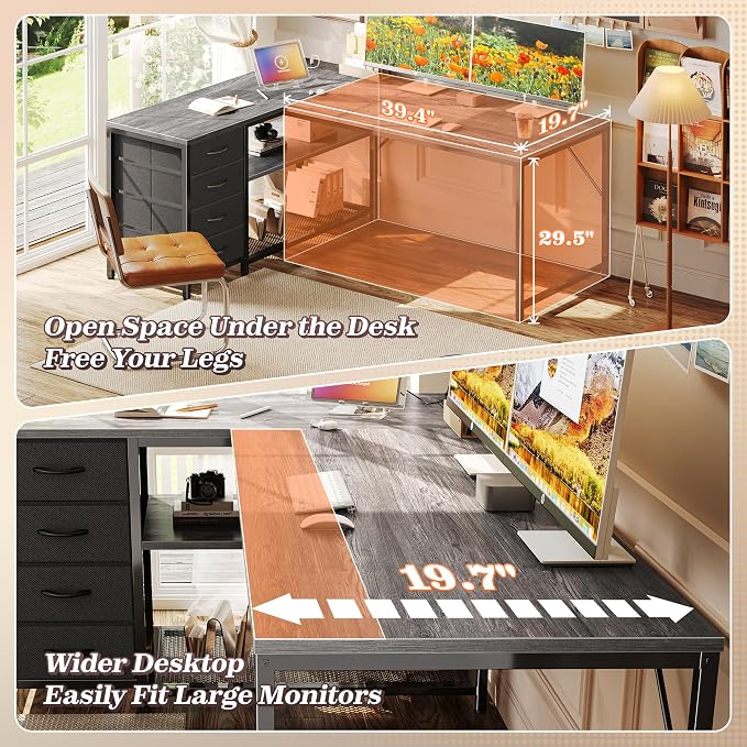 53" L Shaped Desk with Power Outlets & 4 Drawers | Reversible Computer Desk with 2 Storage Shelves, Large Corner Office Desk for Gaming Writing Work Study, Grey