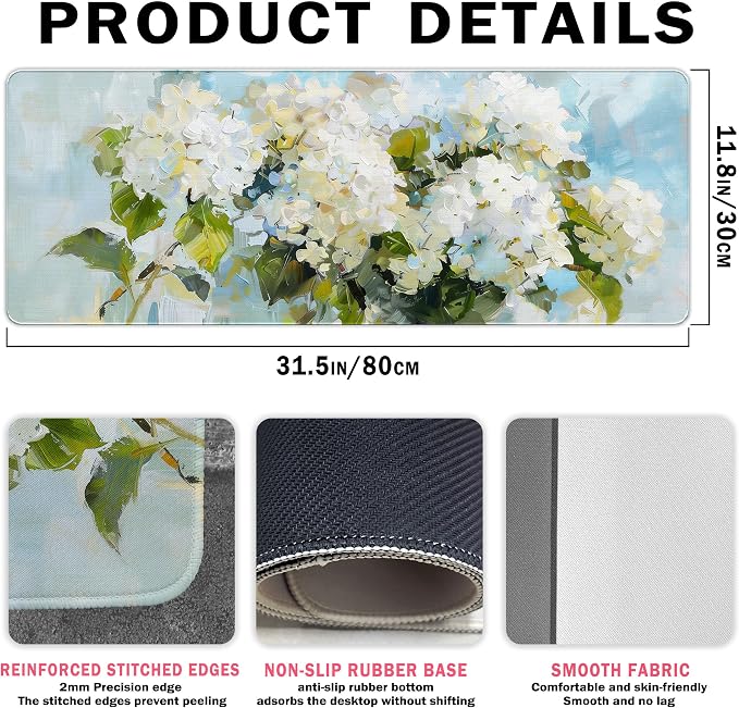 Hydrangea Decor Desk Mat, Blue White Flroal Mouse Pad, 31.5x11.8 | Flower Mouse Pad For Desktop,Blue And White Desk Matt Aesthetic, Girly Office Accessories For Women,Flower Desk Mat
