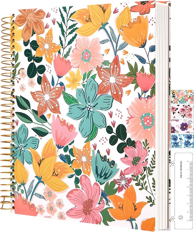 CAGIE Hardcover Spiral Notebook 8.5 x 11 for Women, College Ruled | with Large Pocket, Ruler, Aesthetic Floral Note Book Spiral Bound Notebooks for Work Note Taking Writing School, 200 Pages