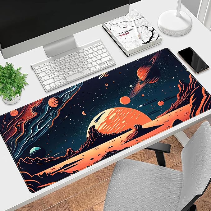 Painted Planets Desk Mat Outer Space Desk Pad, Orange Black Gaming Mouse Pad, Large Keyboard Mouse Mat Work Game, Deskmat with Stitched Edges XXL, Fun Office Decor Desk Accessories 31.5"x15.75"