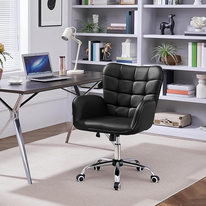 Yaheetech Modern Faux Leather Office Chair Ergonomic Adjustable Computer Chair with Wide Seat, Padded Armrests for Study, Bedroom Black