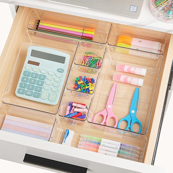 Vtopmart 66 PCS Clear Plastic Drawer Organizers Set, Vanity Organizer Trays | 4-Size Versatile Makeup Organizer, Non-Slip Storage Containers for Makeup, Jewelries, Bedroom，Kitchen Utensils and Office