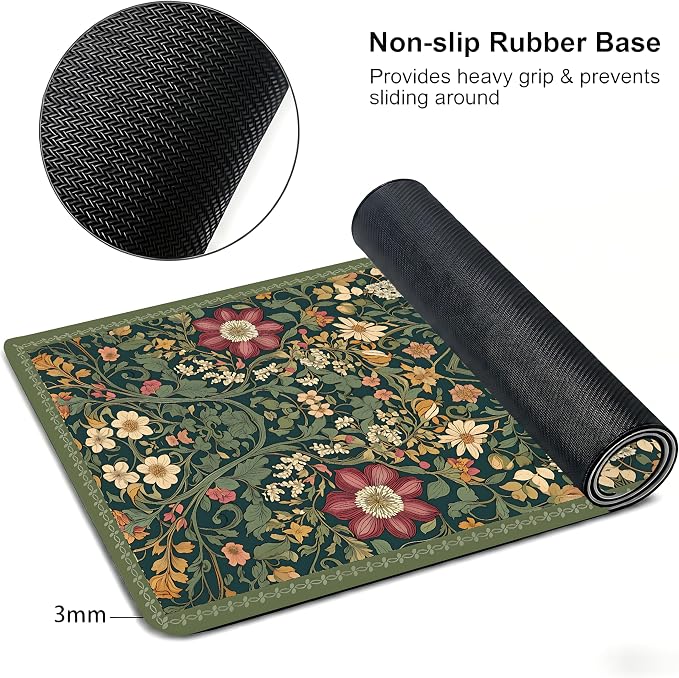Cute Floral Aesthetic Dahlia Gaming Mouse Pad, Dark Green Rug Desk Mat with Anti-Slip Base & Stitched Edges,35.4" x 15.7" in Desk Accessories for Women, Home Office Decor & Artistic Gift