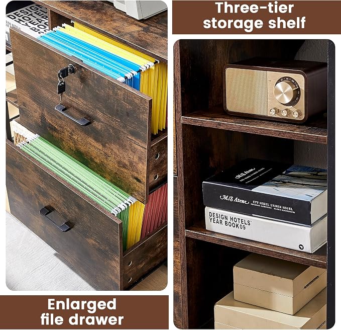45" File Cabinet for Home Office, Mobile Office Storage Cabinet with Built-In Power Outlet, 2 Drawer Filing Cabinet with Lock, Shelves, Metal Hook, Storage Bag fits A4/Legal/Letter Size (Wood)