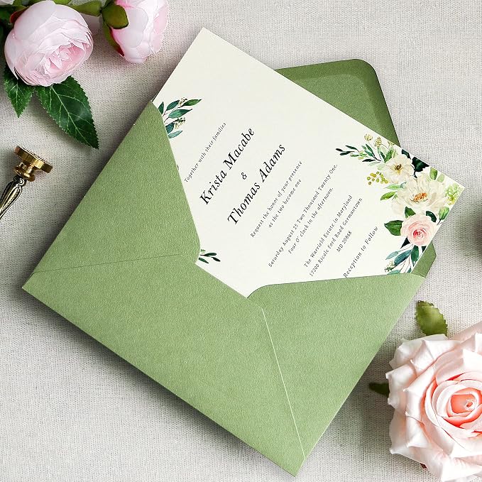 PONATIA 50 PCS/Pack A7 Envelopes, 5.25 x 7.25'' Sage Green Envelopes For 5 x 7'' Weddings Invitation Cards, Christmas Gift Cards, Acrylic Invitations, Photos and Any 5x7 Inserts
