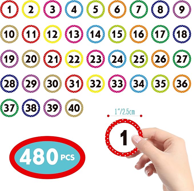 480 PCS Polka Dot 1-40 Numbers Stickers for Office, Classroom, Organizing (Each Measures 1" in Diameter)