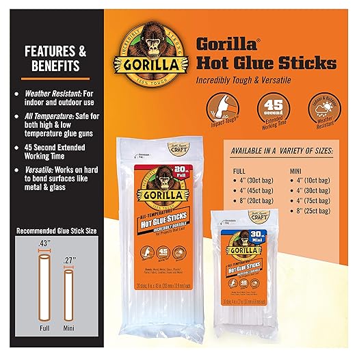 Gorilla Hot Glue Sticks, Clear Glue, Full Size 4" Long x 0.43" Diameter, 45 Count (Pack of 1) - Safe for All Temperatures with Extended Working Time