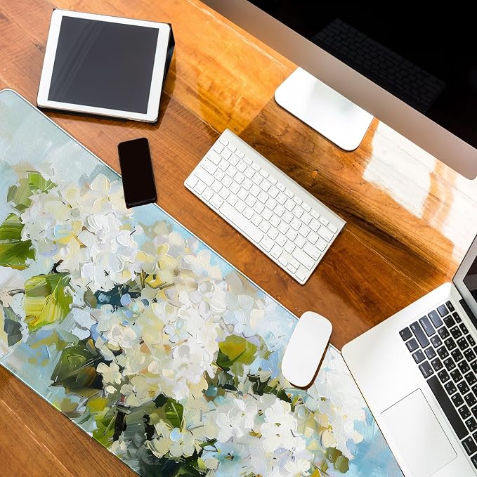 Hydrangea Decor Desk Mat, Blue White Flroal Mouse Pad, 31.5x11.8 | Flower Mouse Pad For Desktop,Blue And White Desk Matt Aesthetic, Girly Office Accessories For Women,Flower Desk Mat